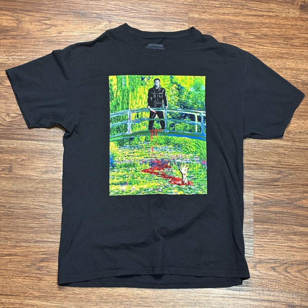 Halloween Michael Myers Monet Bridge Graphic T-Shirt Black Men's Large Horror